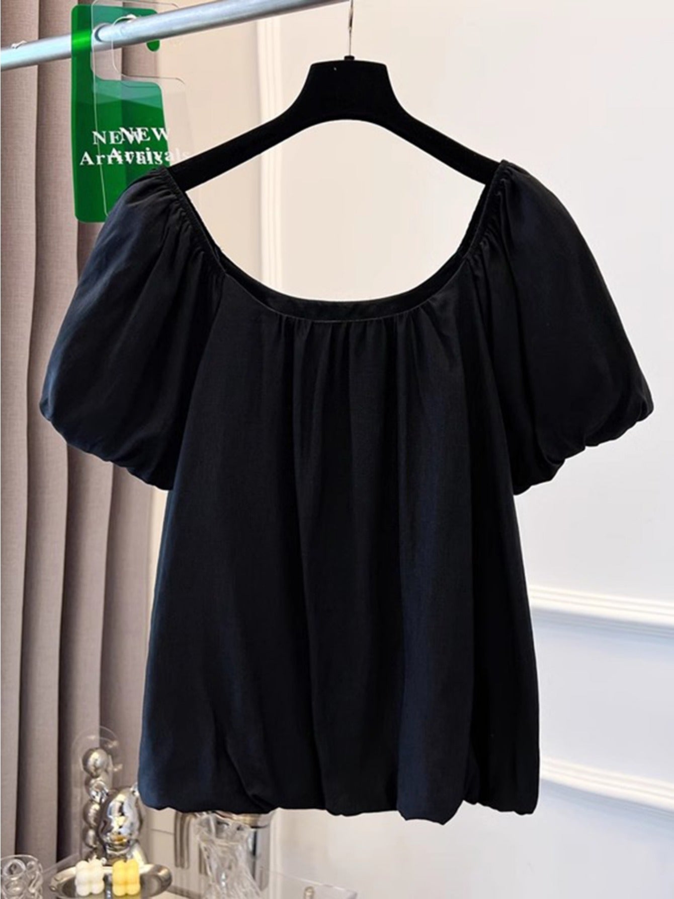 Black bubble-sleeved chiffon short-sleeved shirt women's summer new large-size fat mm belly-covering doll shirt one-word shoulder top