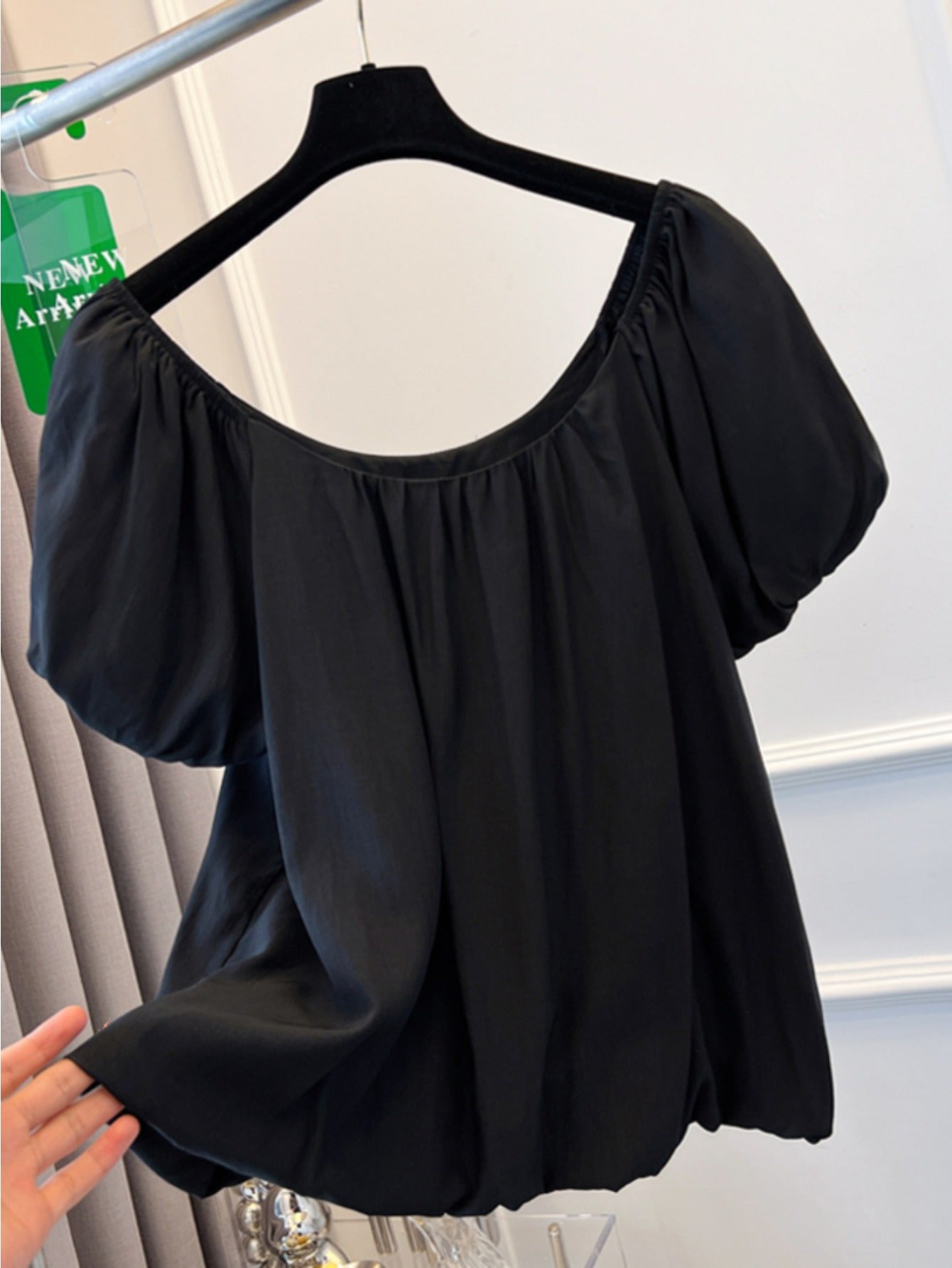 Black bubble-sleeved chiffon short-sleeved shirt women's summer new large-size fat mm belly-covering doll shirt one-word shoulder top