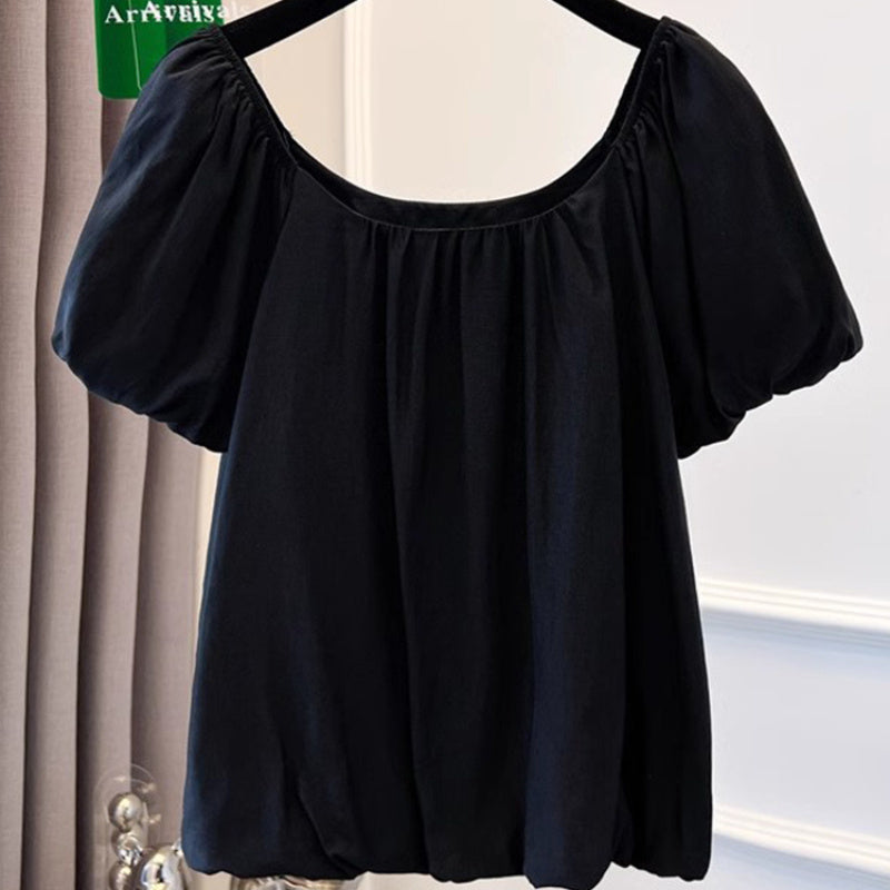 Black bubble-sleeved chiffon short-sleeved shirt women's summer new large-size fat mm belly-covering doll shirt one-word shoulder top