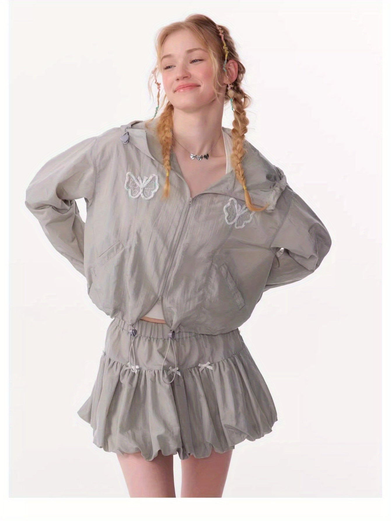 Retro design butterfly embroidery short long sleeve thin hooded sunscreen jacket women