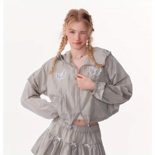 Retro design butterfly embroidery short long sleeve thin hooded sunscreen jacket women