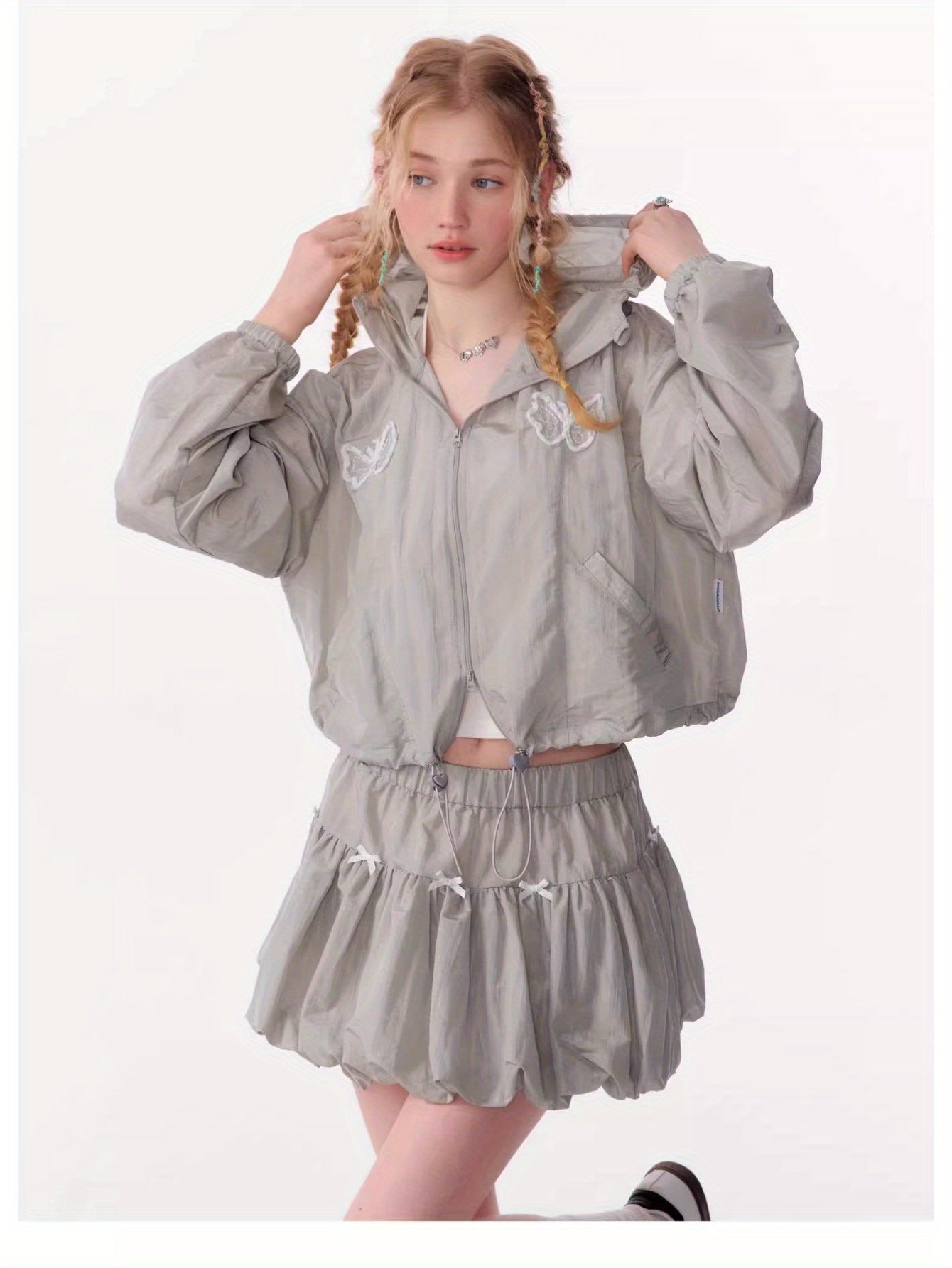 Retro design butterfly embroidery short long sleeve thin hooded sunscreen jacket women