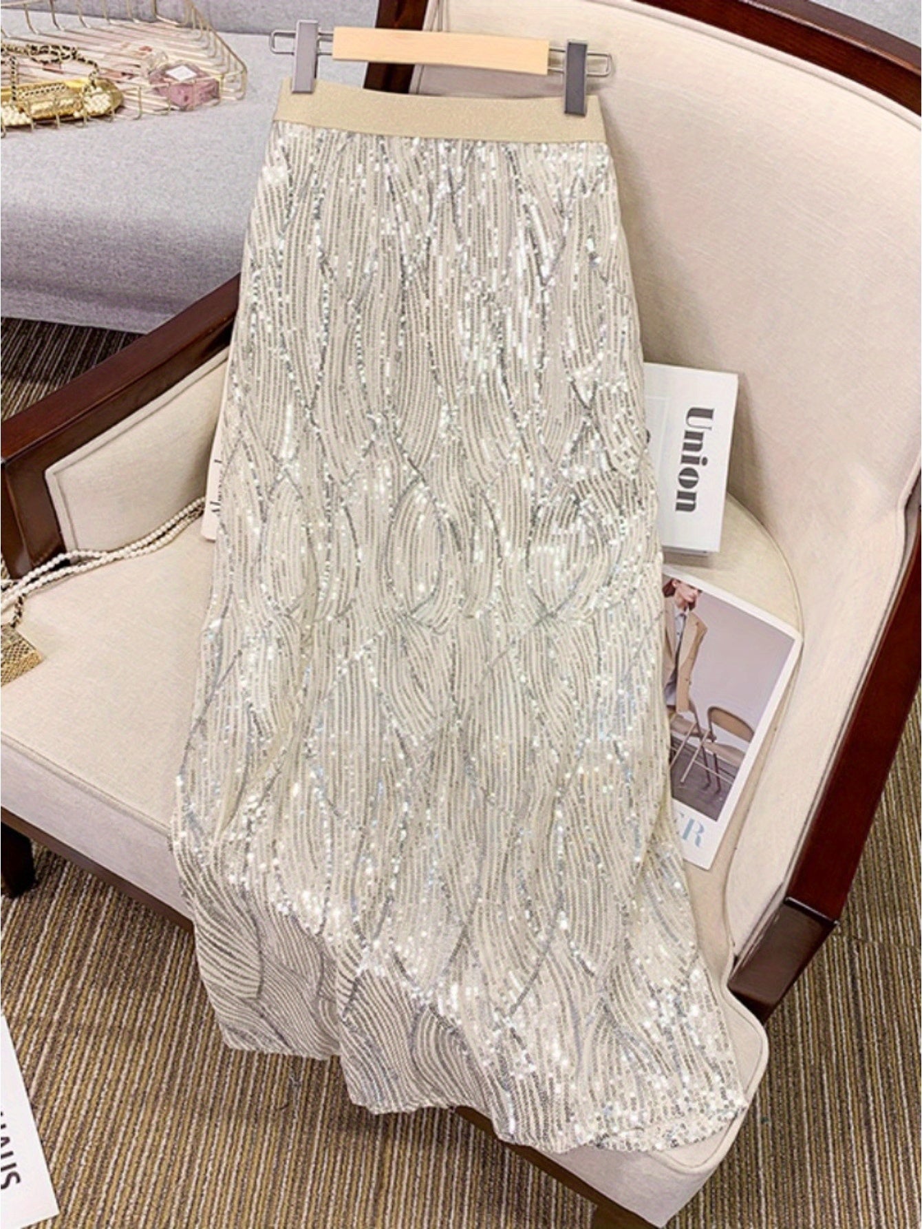 Heavy industry sequined medium and long skirt children loose high waist thin small mesh fishtail skirt