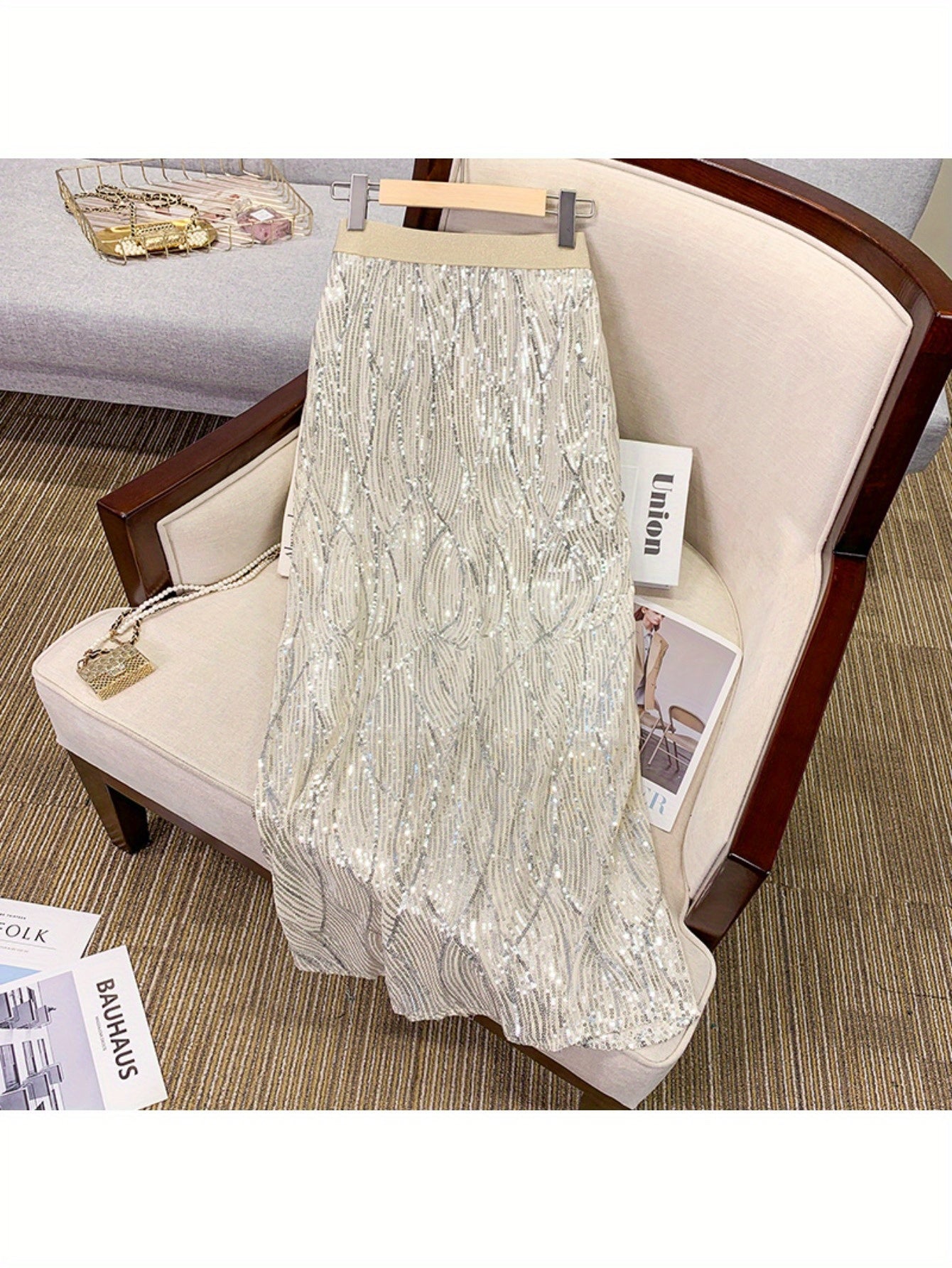 Heavy industry sequined medium and long skirt children loose high waist thin small mesh fishtail skirt
