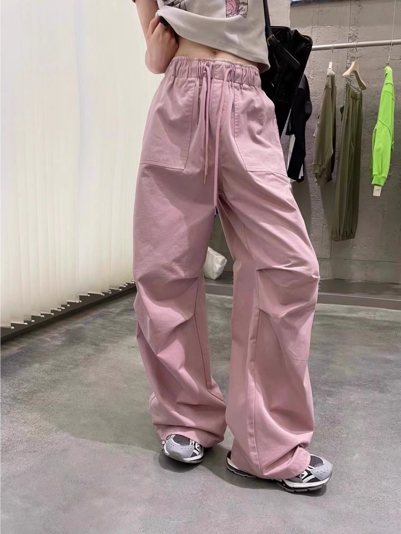 Retro pink overalls women's summer new elastic waist design drape casual versatile and thin wide-leg pants