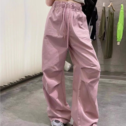 Retro pink overalls women's summer new elastic waist design drape casual versatile and thin wide-leg pants
