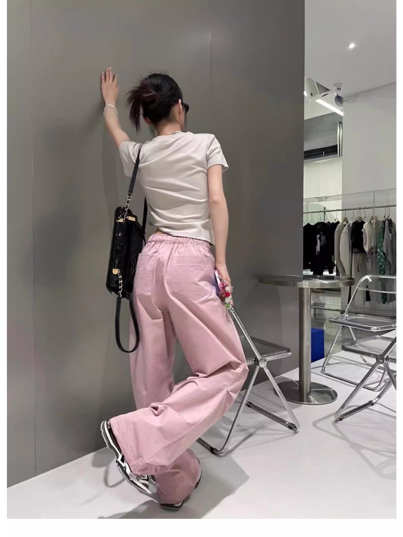Retro pink overalls women's summer new elastic waist design drape casual versatile and thin wide-leg pants