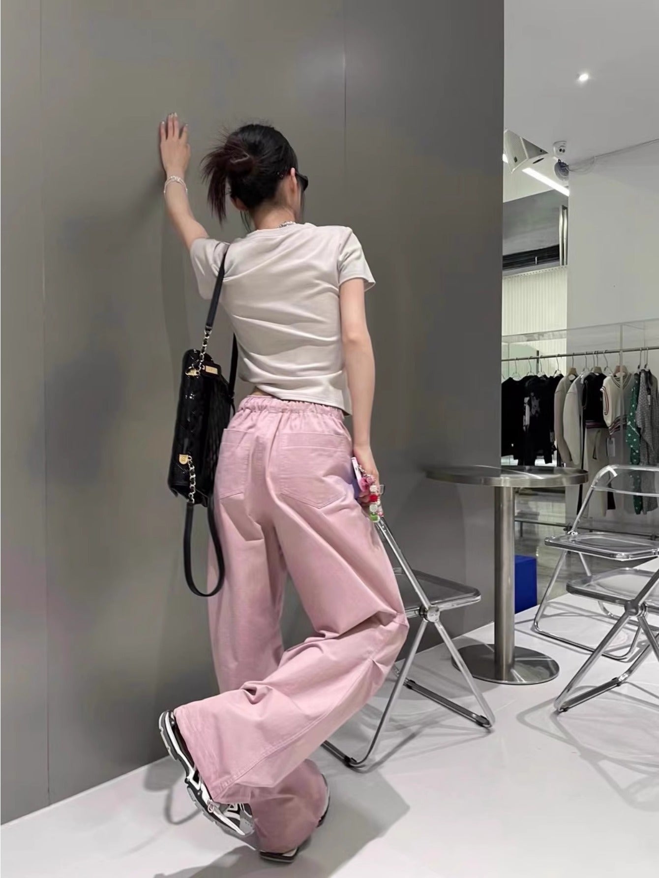 Retro pink overalls women's summer new elastic waist design drape casual versatile and thin wide-leg pants