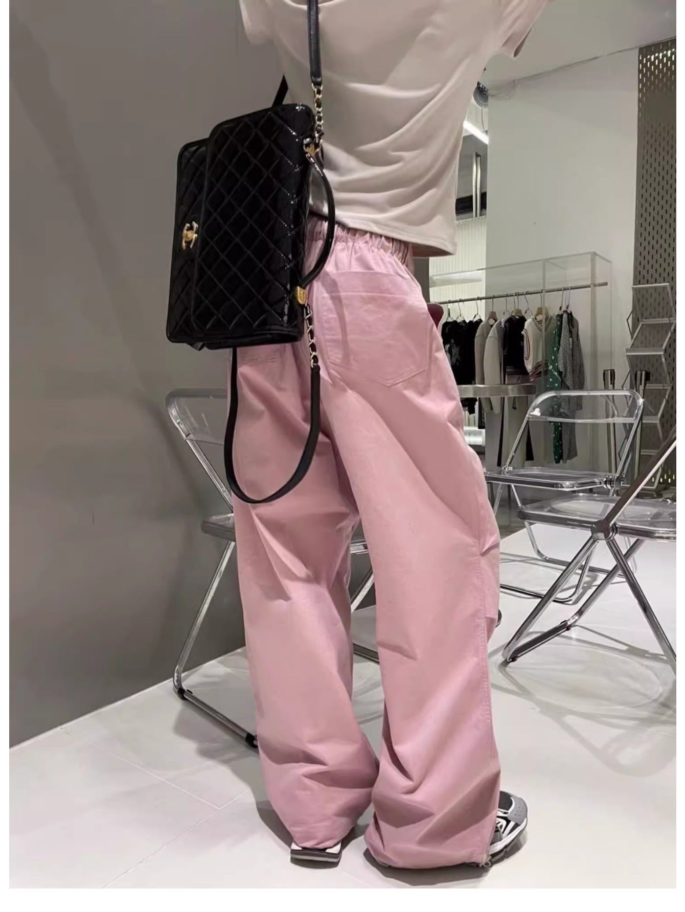 Retro pink overalls women's summer new elastic waist design drape casual versatile and thin wide-leg pants