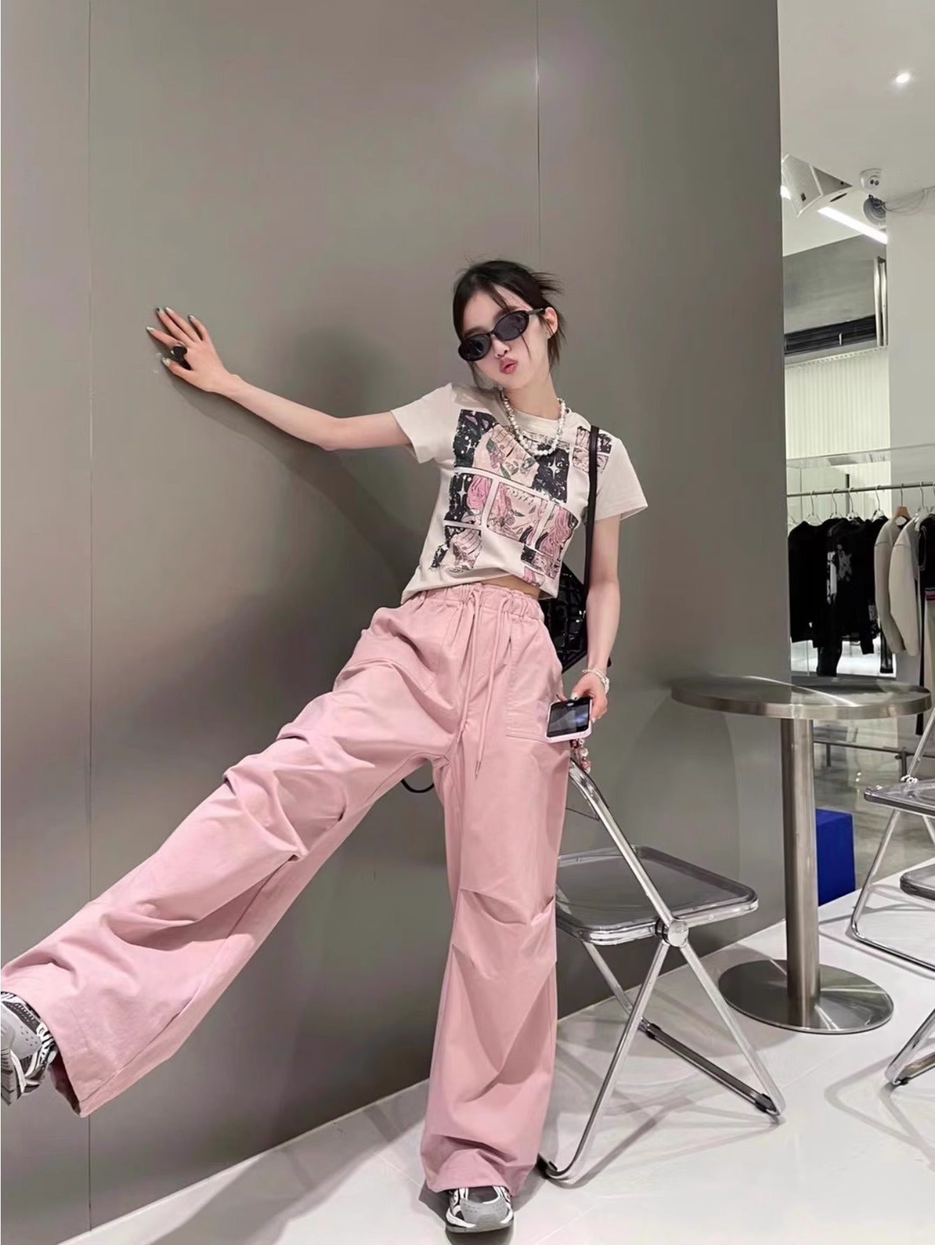 Retro pink overalls women's summer new elastic waist design drape casual versatile and thin wide-leg pants
