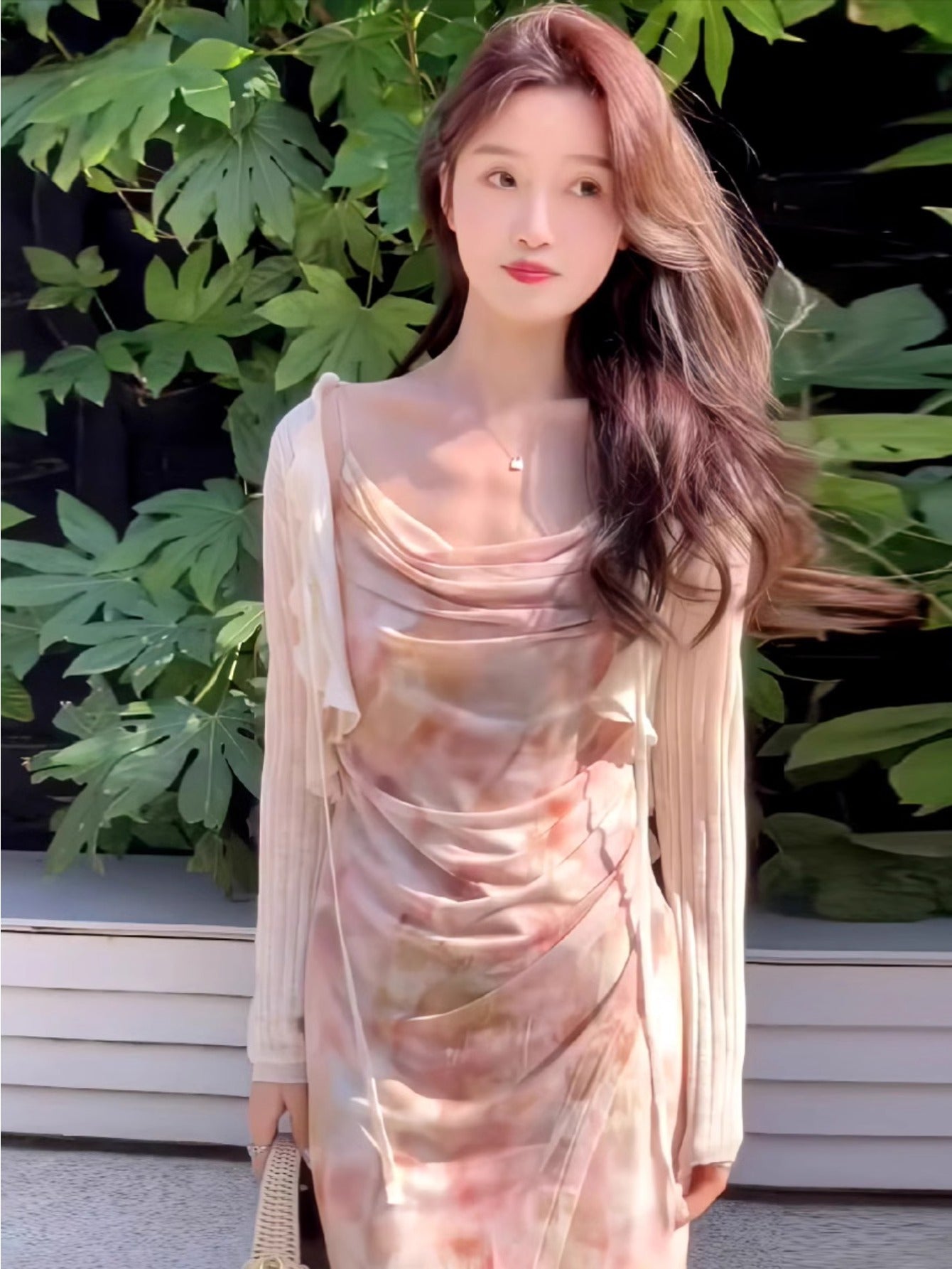 Pink swinging neck floral suspender dress women's 2024 summer irregular ruffle edge long dress printed split fork long dress no cardigan