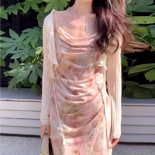 Pink swinging neck floral suspender dress women's 2024 summer irregular ruffle edge long dress printed split fork long dress no cardigan