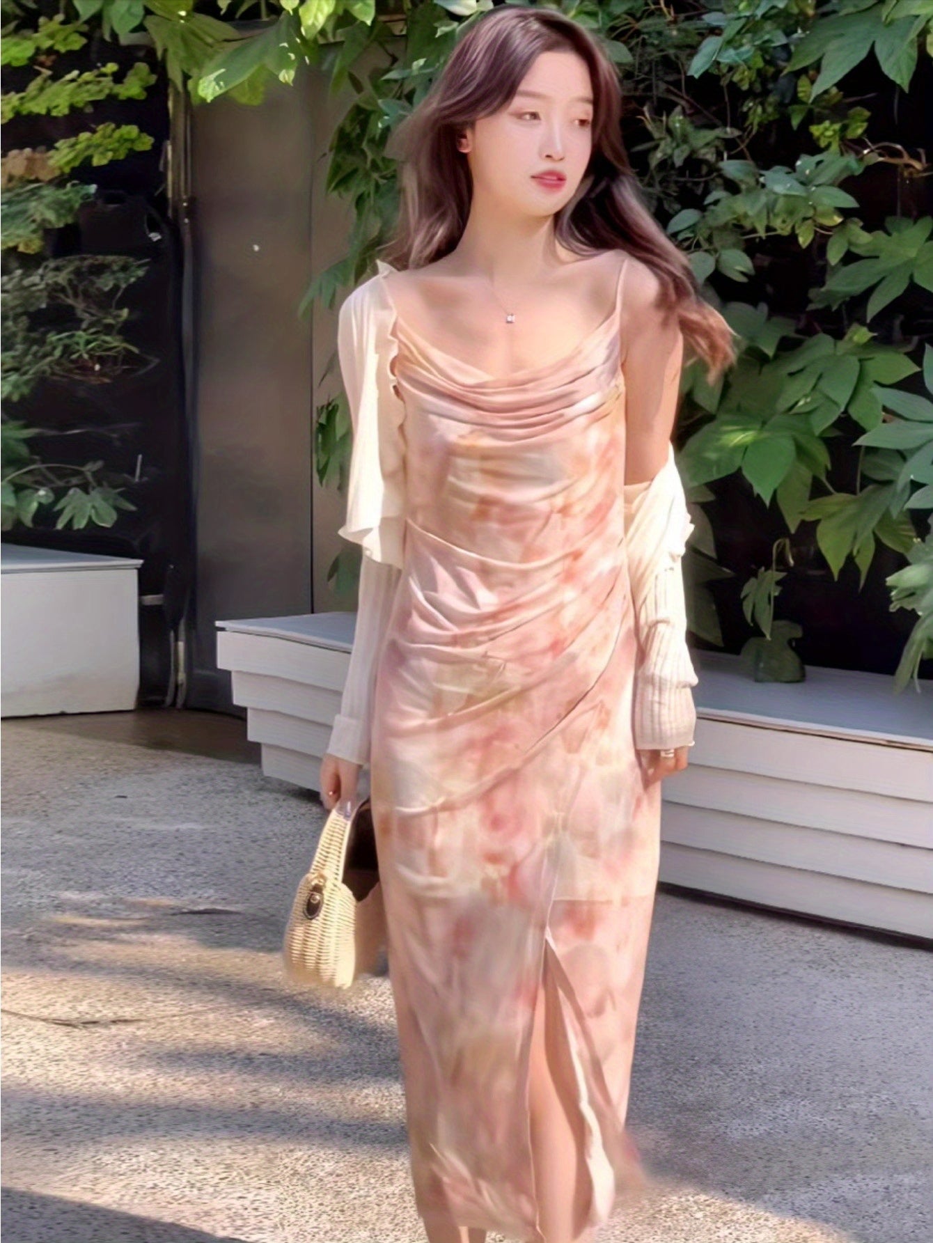 Pink swinging neck floral suspender dress women's 2024 summer irregular ruffle edge long dress printed split fork long dress no cardigan