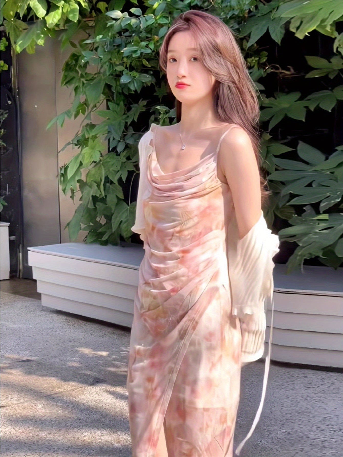 Pink swinging neck floral suspender dress women's 2024 summer irregular ruffle edge long dress printed split fork long dress no cardigan