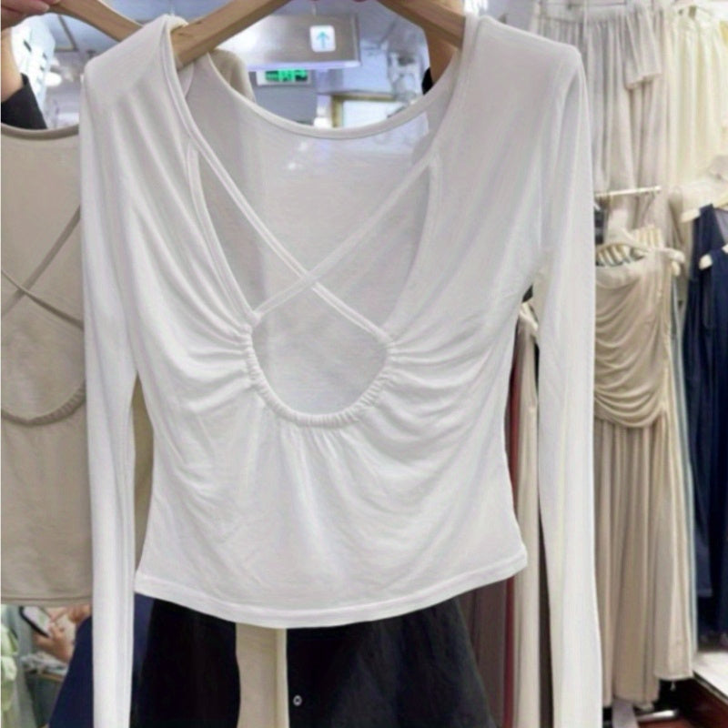 2024 summer new Korean version of sexy and thin hollow design round neck T-shirt thin sunscreen shirt top women
