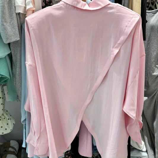 Niche design sense back open medium and long long-sleeved shirt summer women's lazy loose thin sunscreen top
