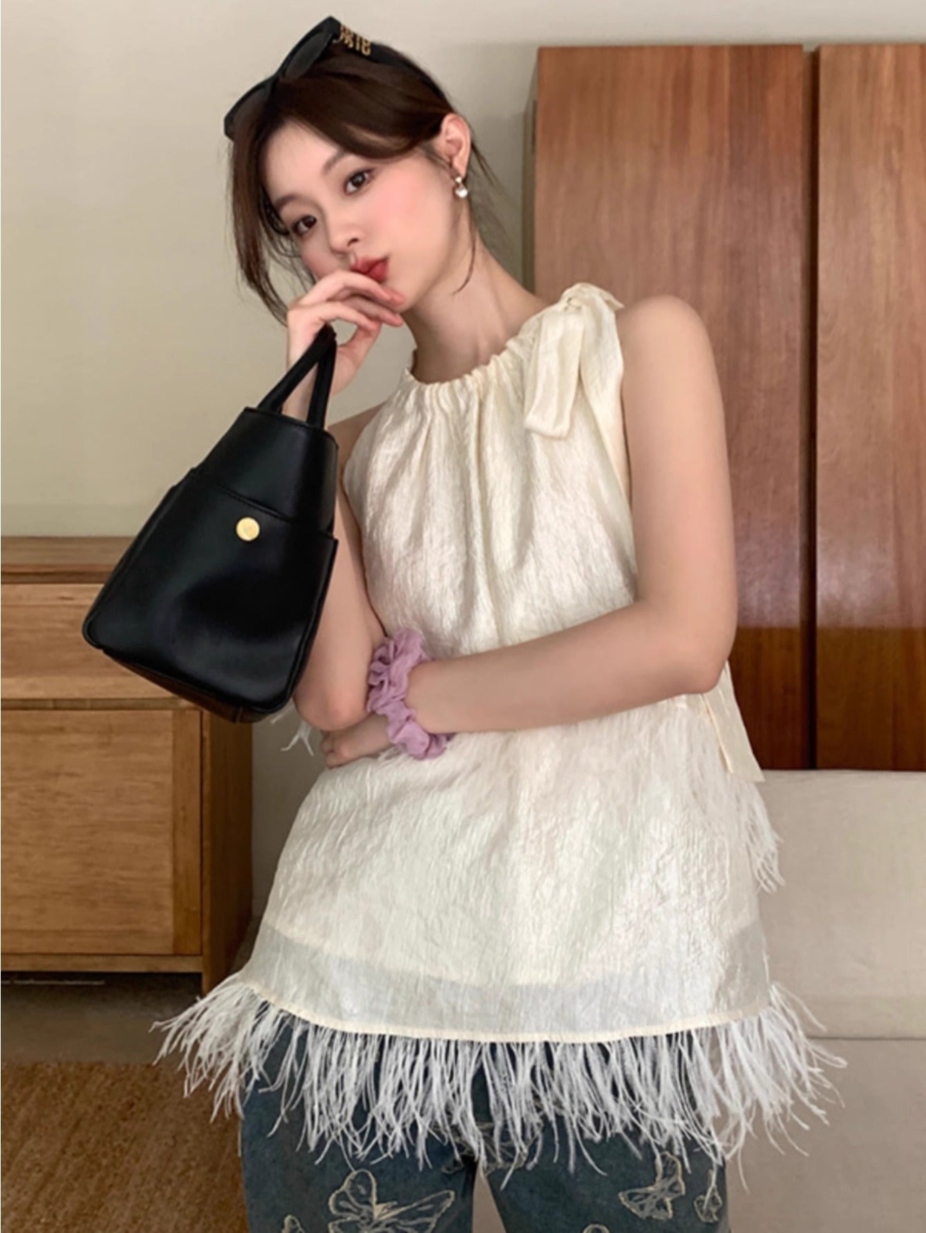 2024 summer slim French pure desire design tassel lace-up sleeveless top women
