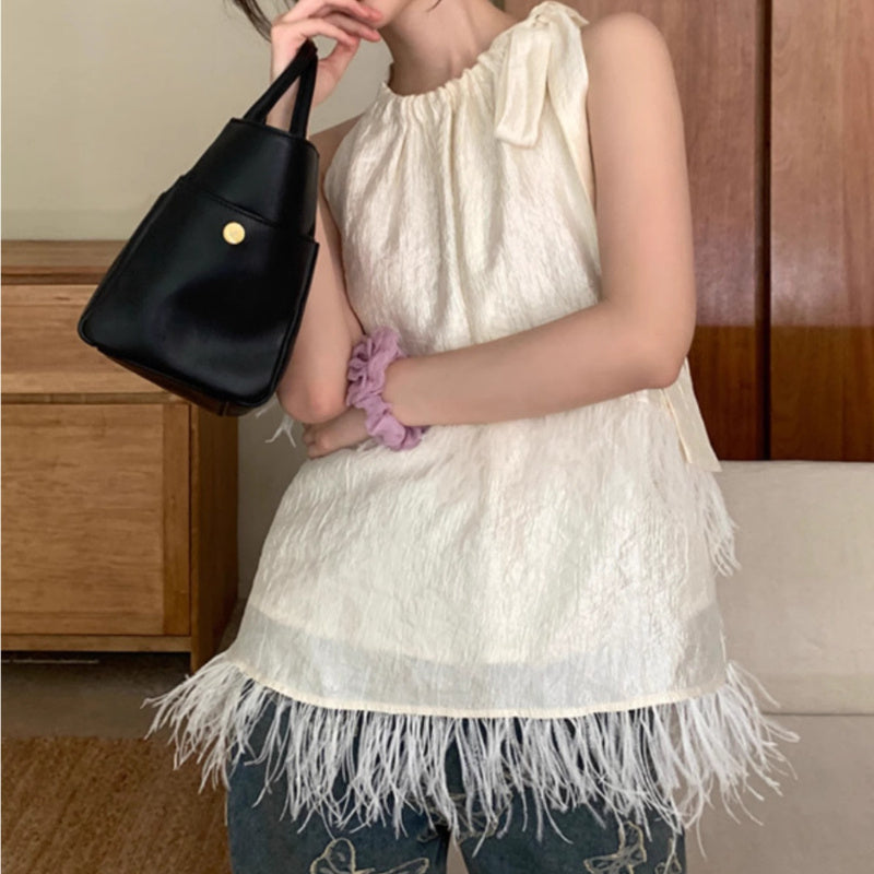 2024 summer slim French pure desire design tassel lace-up sleeveless top women