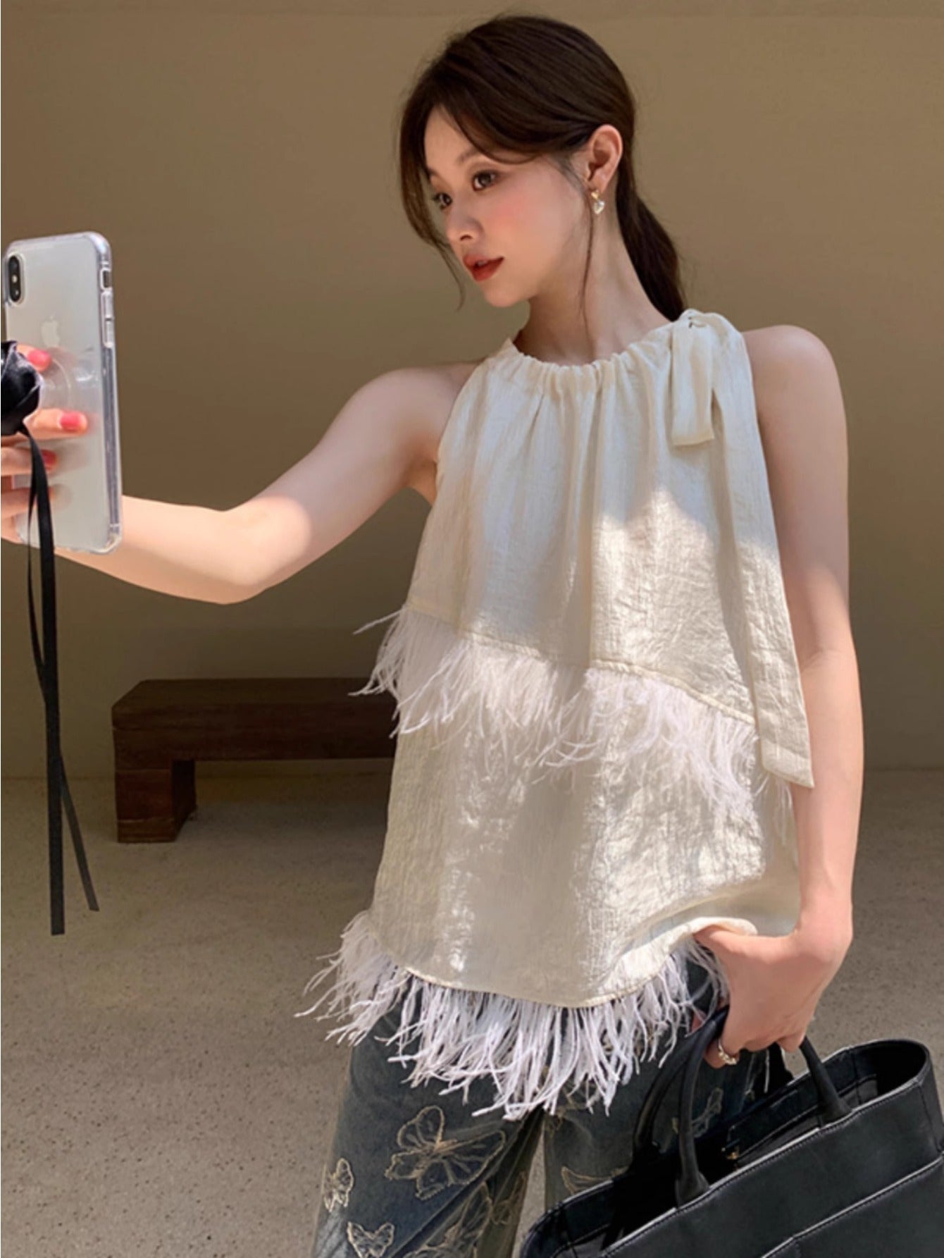 2024 summer slim French pure desire design tassel lace-up sleeveless top women
