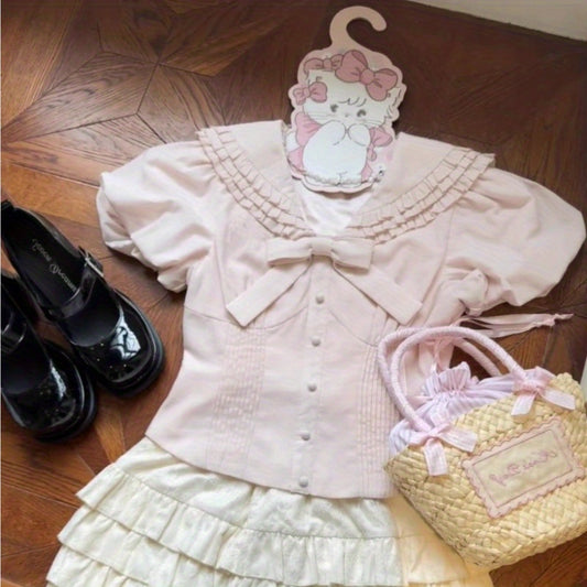 Heavy Industry Bubble Sleeve Shirt Skinny Sweet Bow Fungus Edge Waist