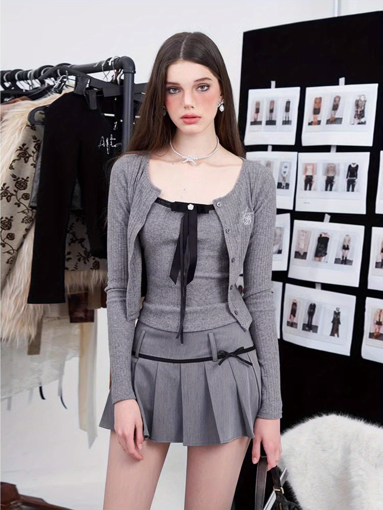 Bow hanging two-piece set/pleated skirt without cardigan