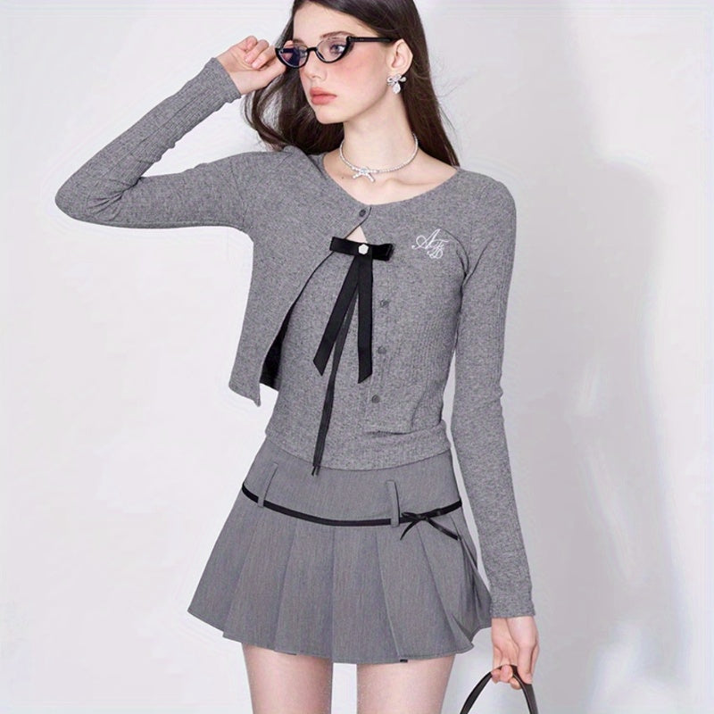 Bow hanging two-piece set/pleated skirt without cardigan