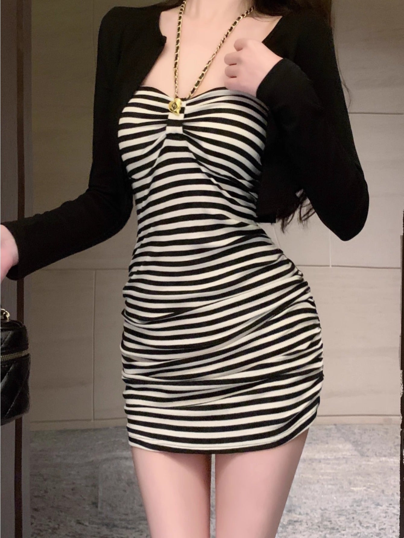 Femininity neck sexy striped tube top hip dress short skirt
