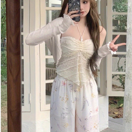 French small vest pure desire wind nude sunscreen shirt women with suspenders skirt with short summer shawl cardigan jacket 3-piece set