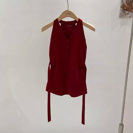 V-neck knitted sling small vest women's early autumn 2024 new Korean version single-breasted slim-fitting and thin outer top