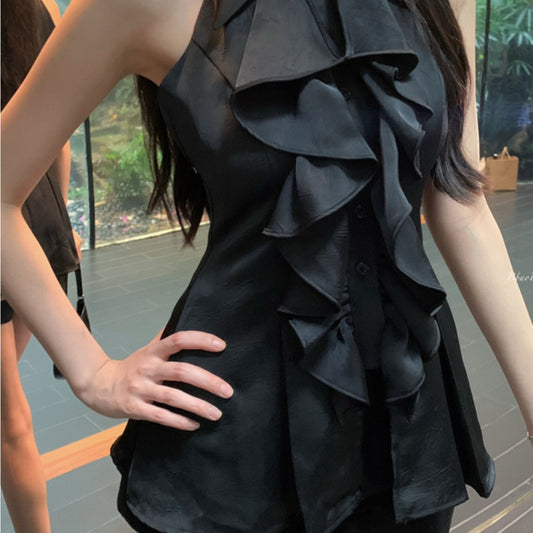 French niche neck sweet and spicy off-the-shoulder fairy top women's summer design thin ruffle edge sleeveless shirt