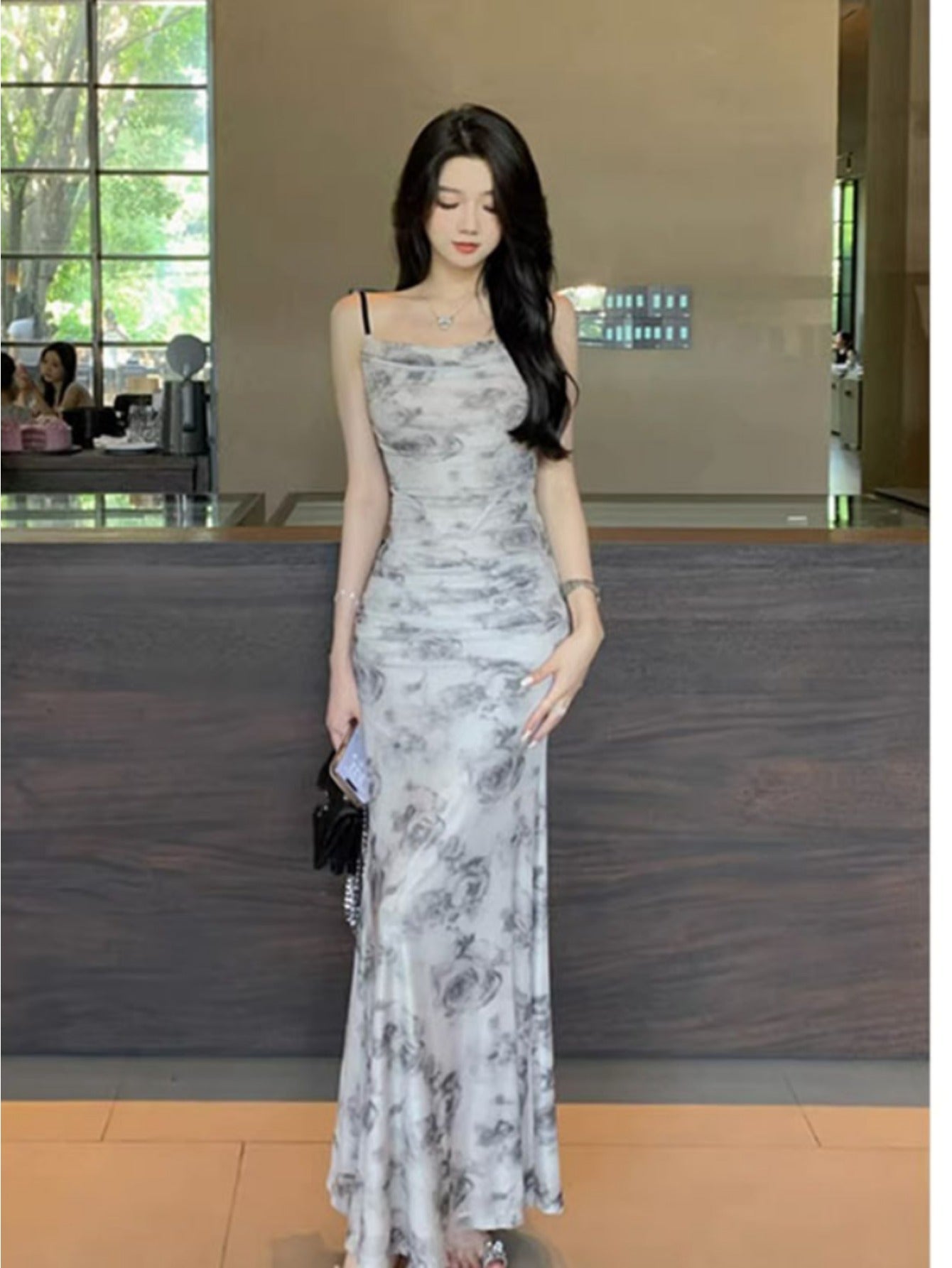 French mesh printing suspender dress women's summer new pure desire style square collar slim and thin hip-wrapped long skirt