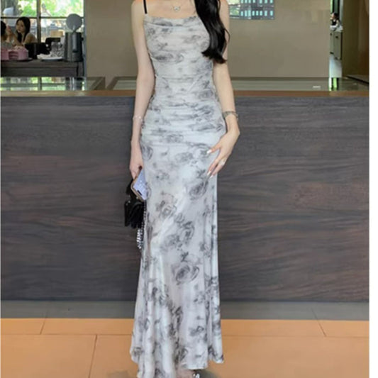French mesh printing suspender dress women's summer new pure desire style square collar slim and thin hip-wrapped long skirt