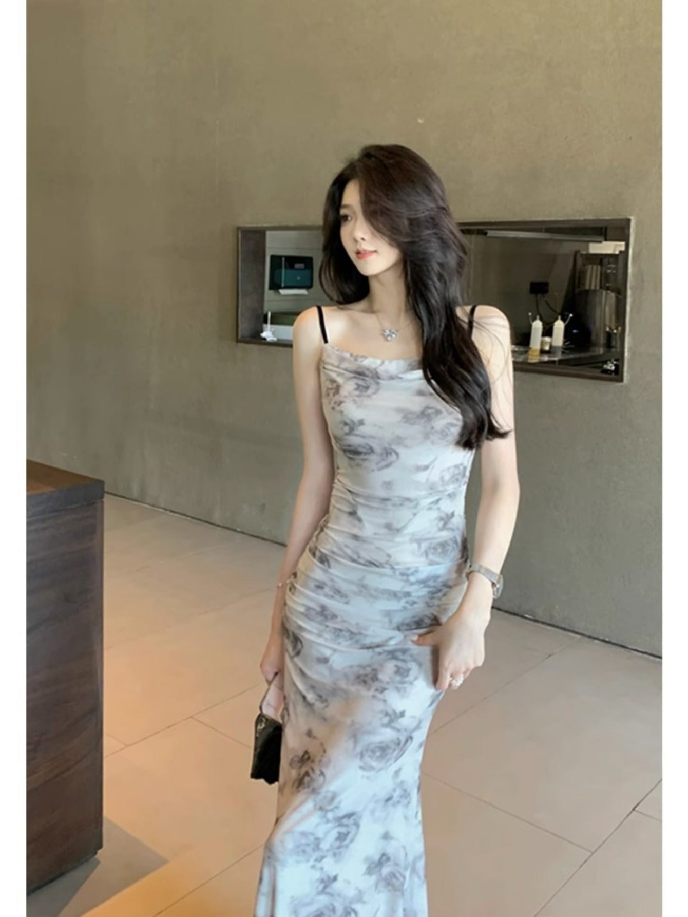 French mesh printing suspender dress women's summer new pure desire style square collar slim and thin hip-wrapped long skirt