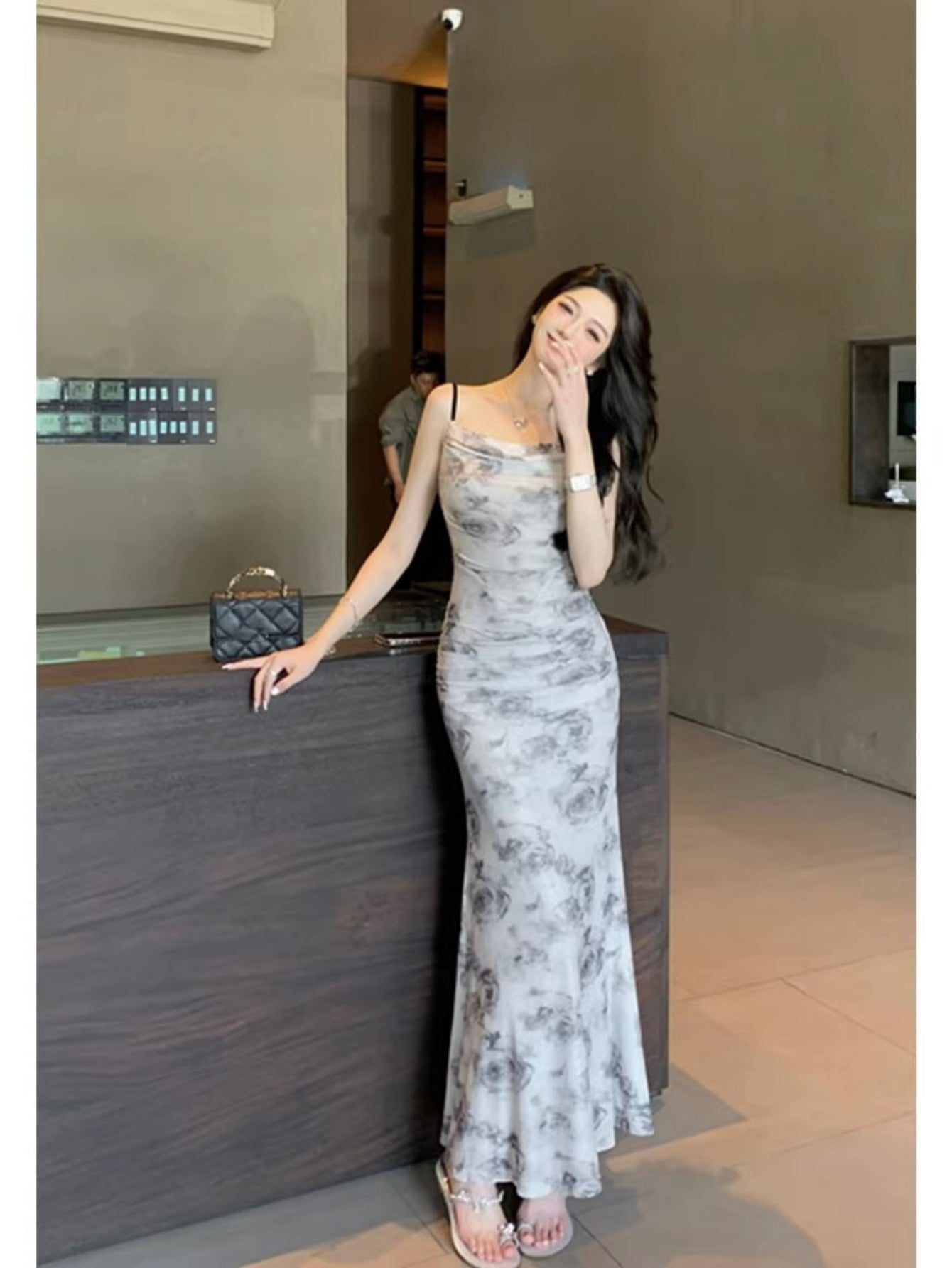 French mesh printing suspender dress women's summer new pure desire style square collar slim and thin hip-wrapped long skirt