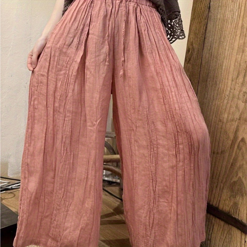 2024 summer new retro niche fresh zen versatile elastic waist pleated hemp straight pants