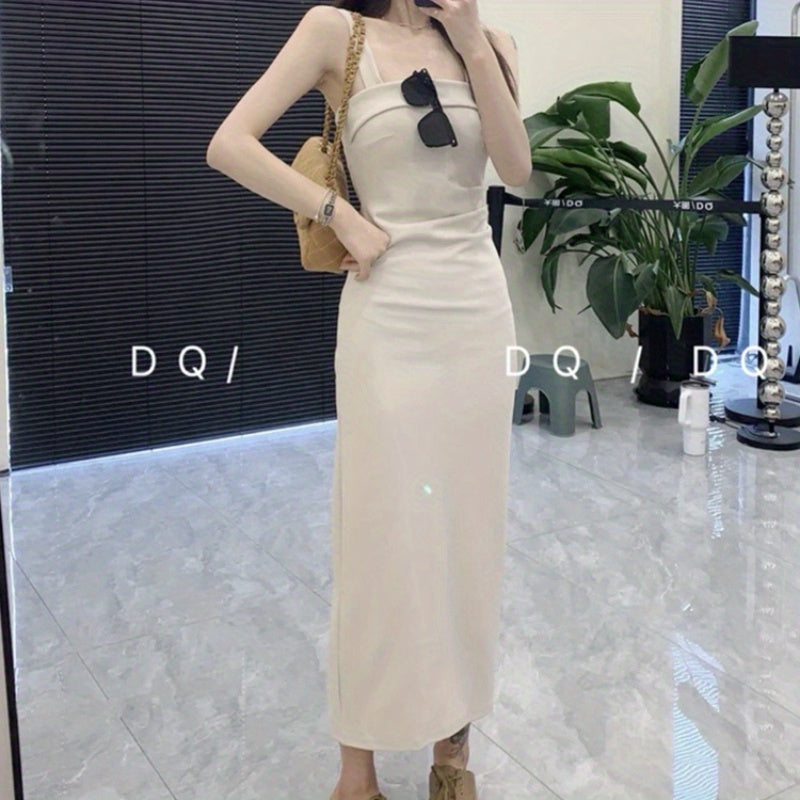 Retro solid color waist bottom suspender dress women's 2024 summer new design sense slim and thin hip skirt