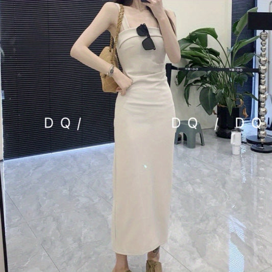 Retro solid color waist bottom suspender dress women's 2024 summer new design sense slim and thin hip skirt