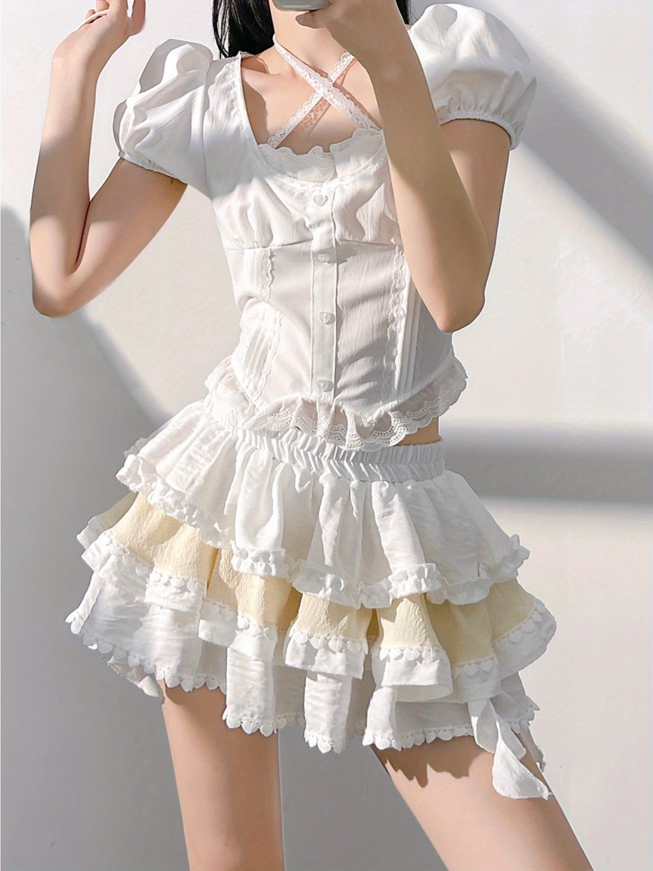 Girl, first love pure milk sweet suit white shirt top a word cake skirt women's summer two-piece set