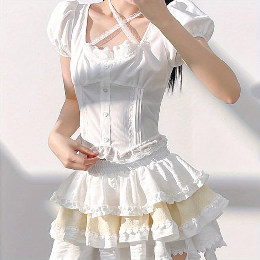 Girl, first love pure milk sweet suit white shirt top a word cake skirt women's summer two-piece set