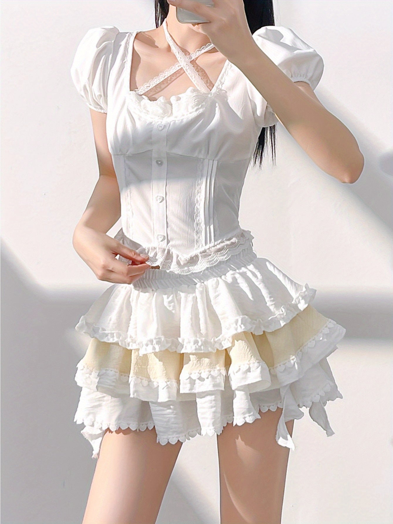 Girl, first love pure milk sweet suit white shirt top a word cake skirt women's summer two-piece set