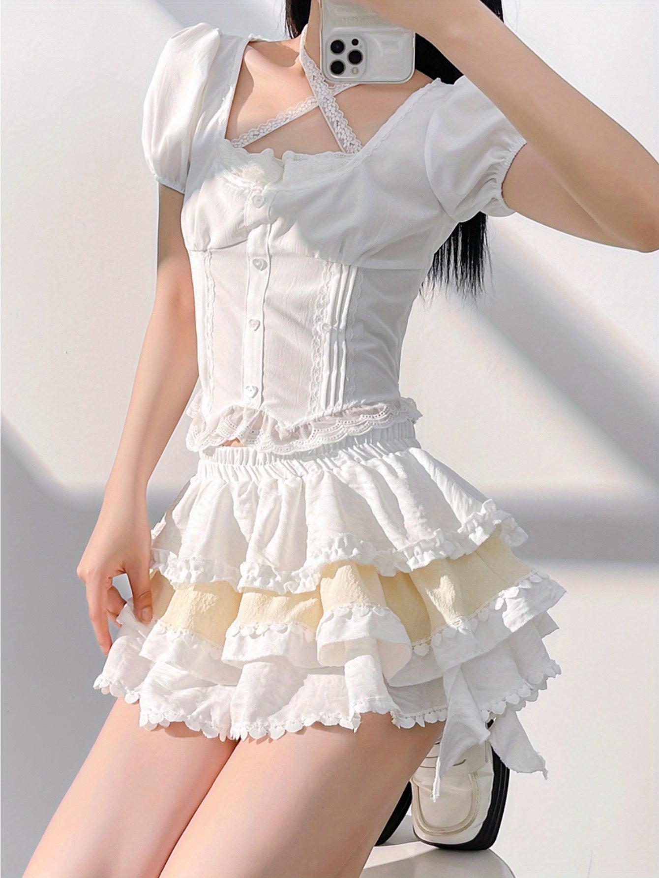 Girl, first love pure milk sweet suit white shirt top a word cake skirt women's summer two-piece set