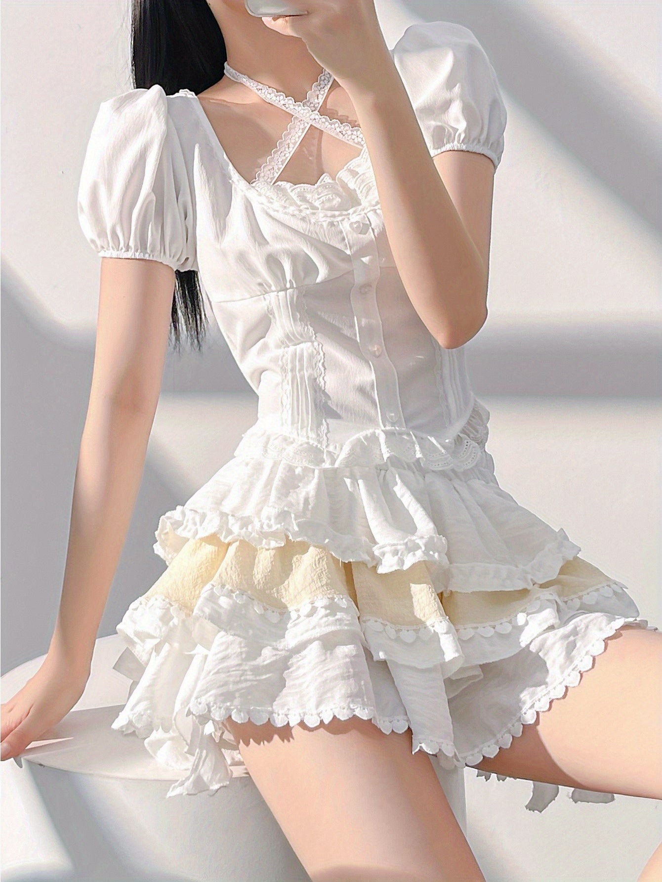 Girl, first love pure milk sweet suit white shirt top a word cake skirt women's summer two-piece set