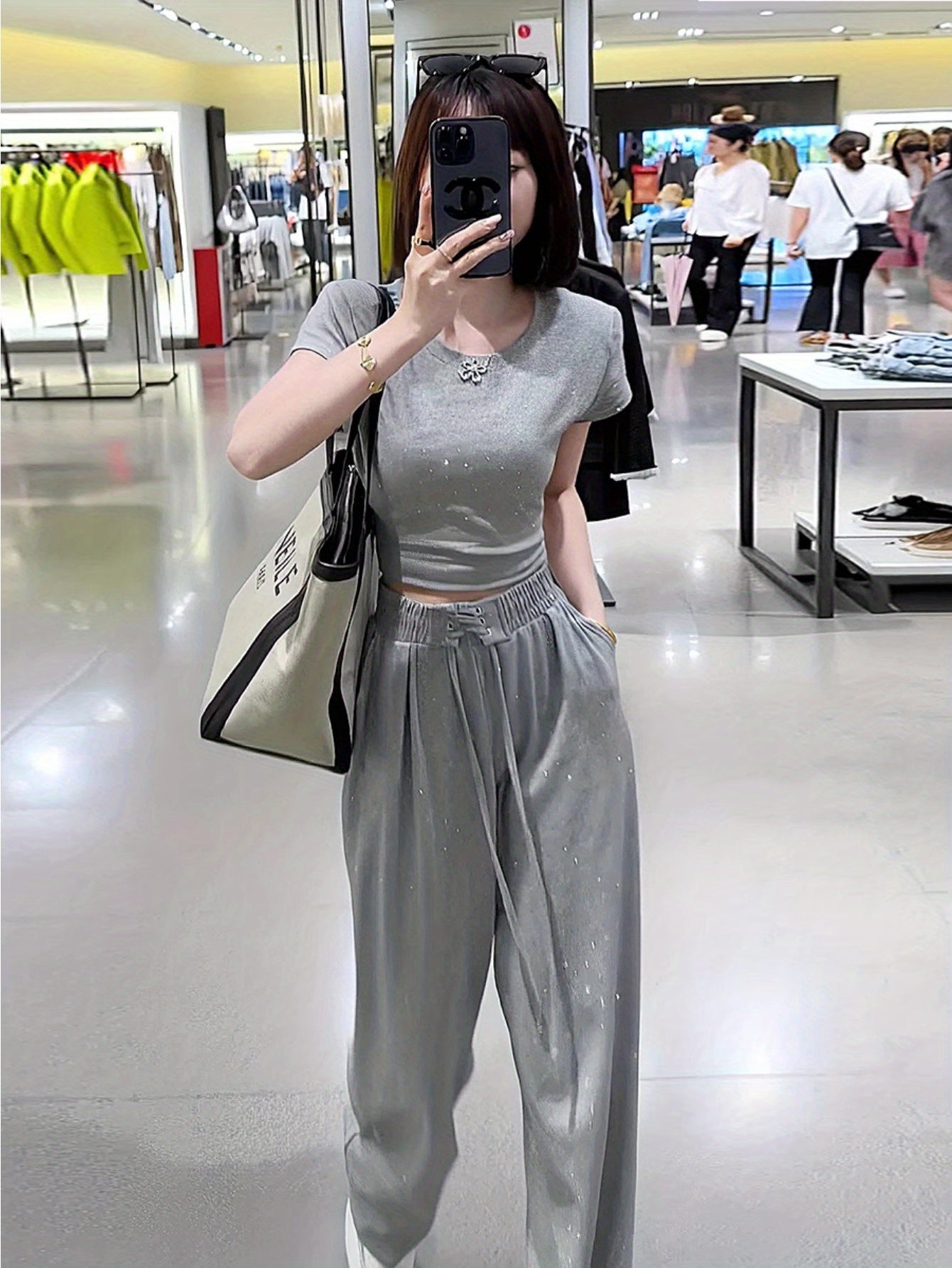 Fashion Sports Casual 2024 Summer Bright Diamond Back Strap Top Wide Leg Pants