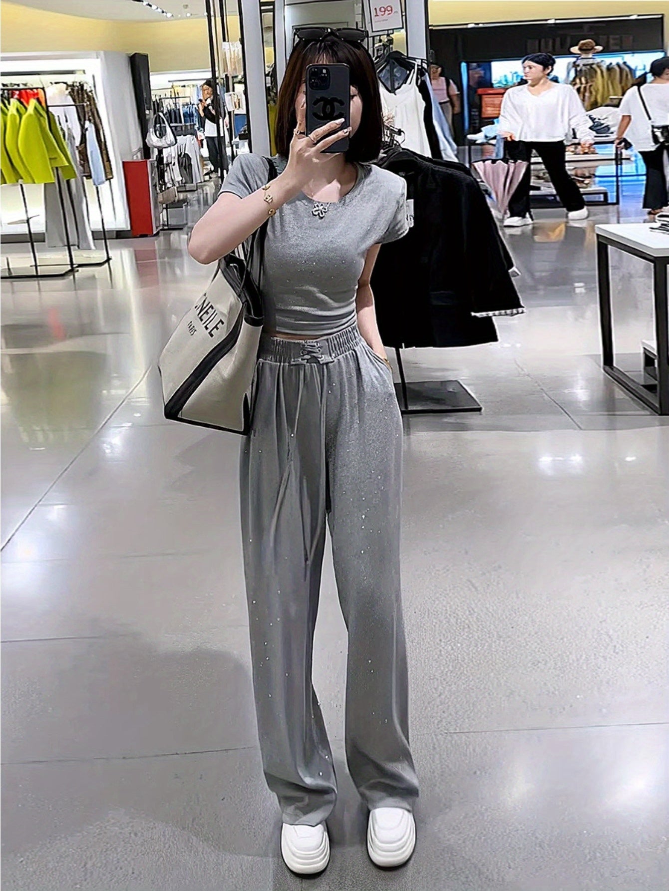 Fashion Sports Casual 2024 Summer Bright Diamond Back Strap Top Wide Leg Pants
