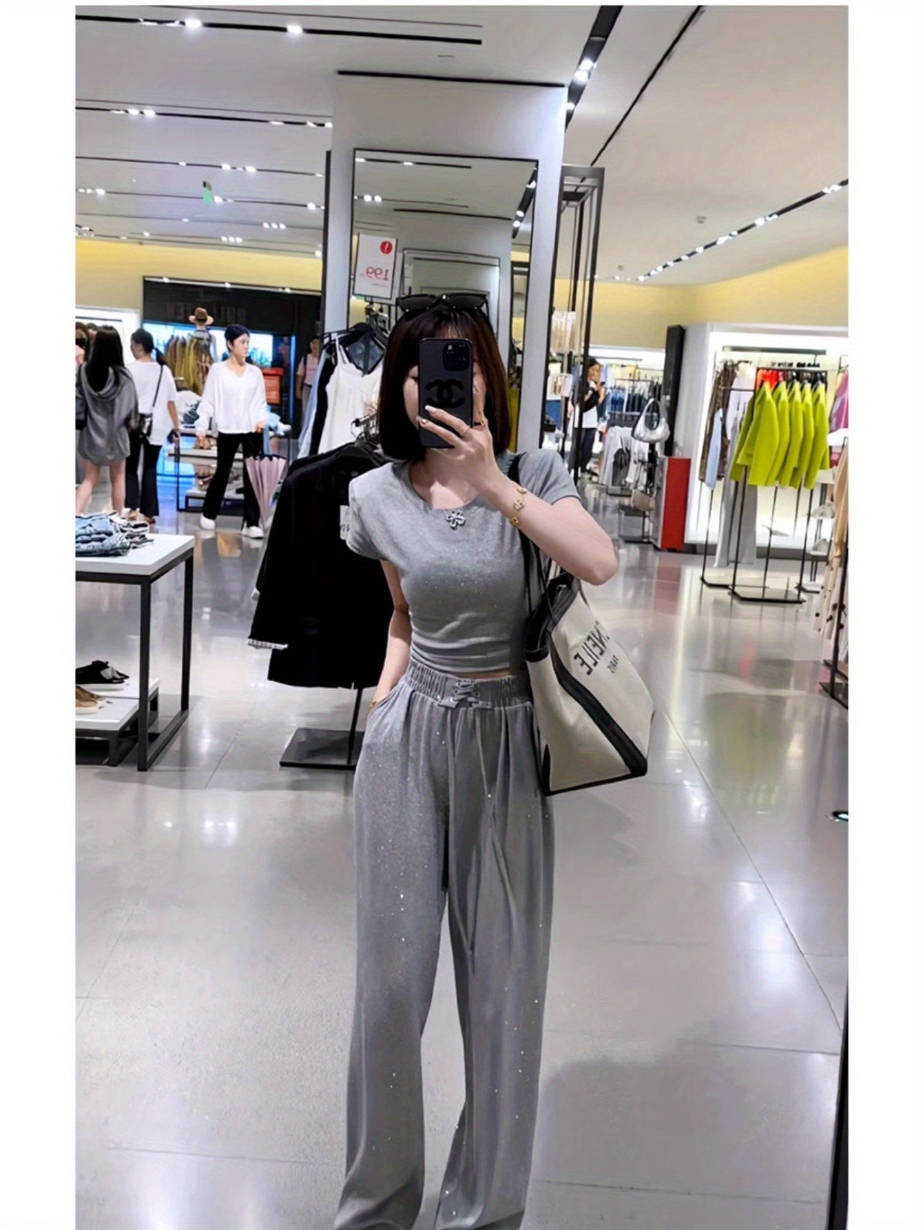 Fashion Sports Casual 2024 Summer Bright Diamond Back Strap Top Wide Leg Pants