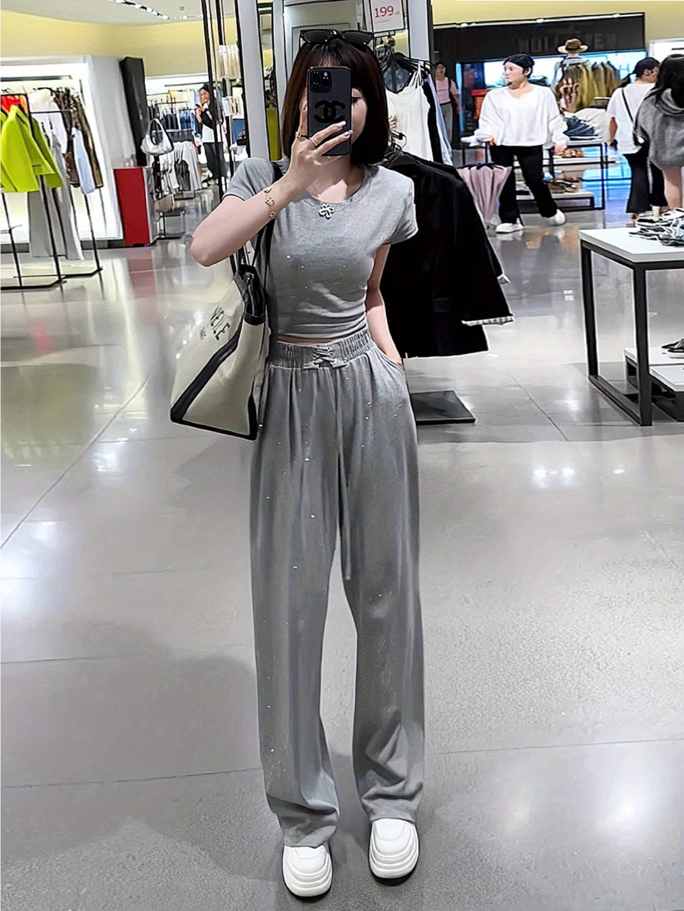 Fashion Sports Casual 2024 Summer Bright Diamond Back Strap Top Wide Leg Pants
