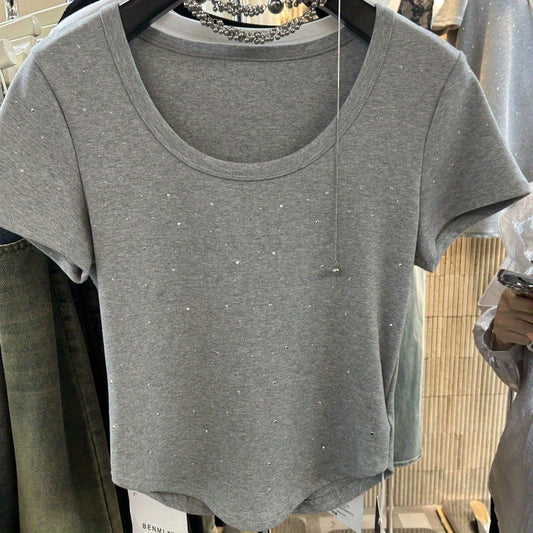 Summer 2024 new elastic short-sleeved T-shirt U-neck heavy industry diamond slim and thin hem curved short women's top