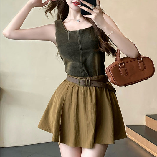 Denim suspender vest suit skirt women's summer slim top short A-shaped skirt fashion two-piece set