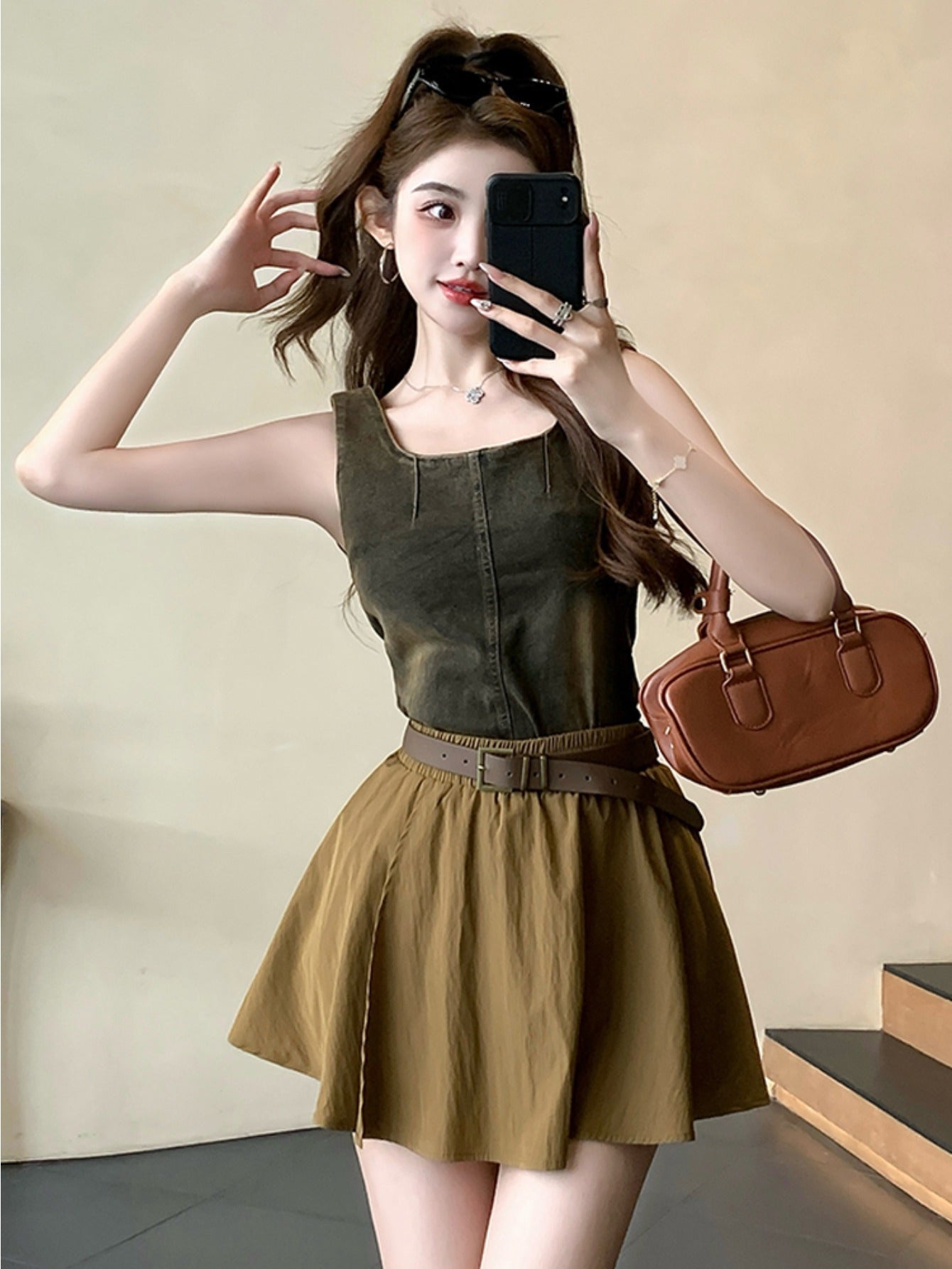 Denim suspender vest suit skirt women's summer slim top short A-shaped skirt fashion two-piece set