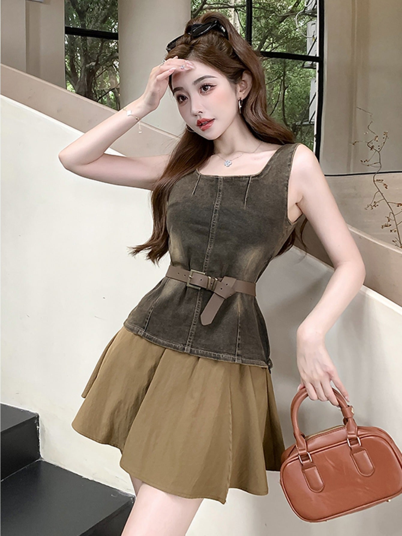 Denim suspender vest suit skirt women's summer slim top short A-shaped skirt fashion two-piece set